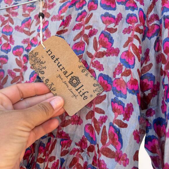 New Natural Life Floral Tie Front Boho Blouse Top Pink Lightweight Medium Large - Picture 7 of 7